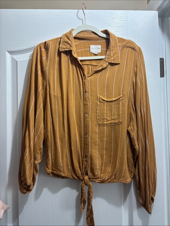 American Eagle Outfitters Tops - American Eagle Outfitters Mustard Yellow Striped Tie-Front Button-Up Blouse